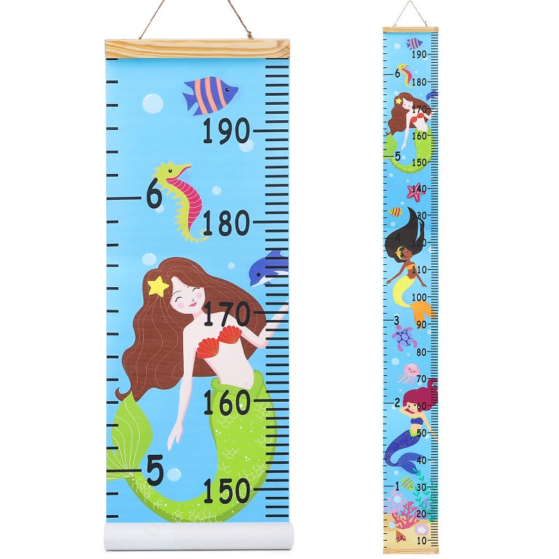HIFOT Kids Growth Chart Height Measuring Chart, Mermaid Canvas Wall Hanging Rulers for Baby Children Girls Bedroom Decor 74.8''* 7.87'' - Image 1